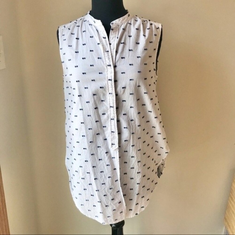GNU 100% Cotton Sleeveless Tunic Top White Navy Blue Button Up Mandarin Collar